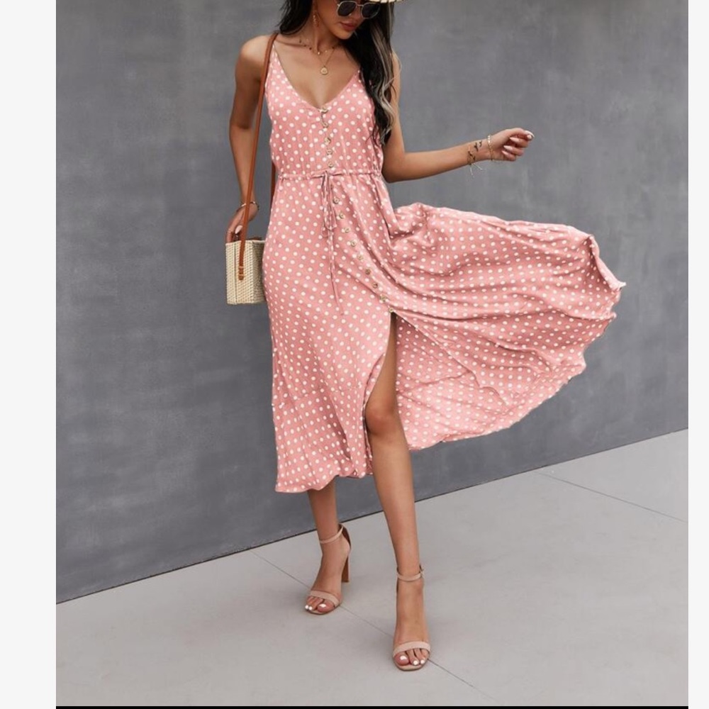 Boho Button Up V Neck Tie Polka Dot Dress GREEN - Picture 12 of 13